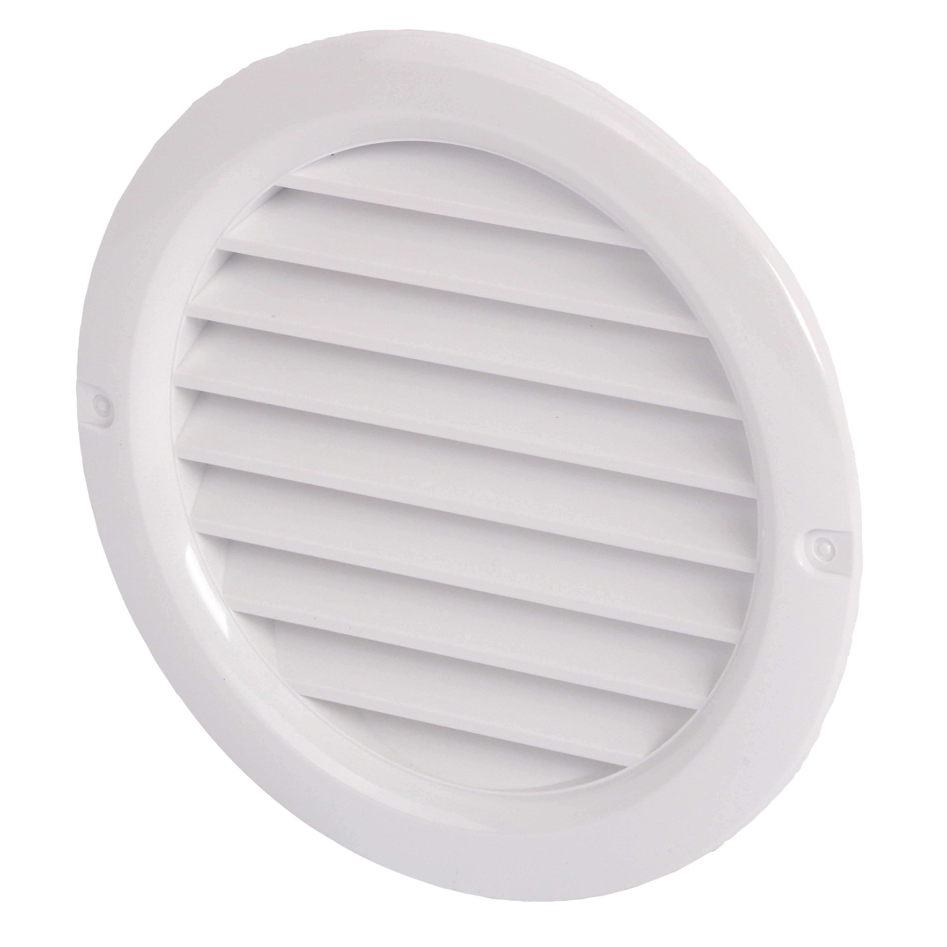 

                    Rund hvit ventilasjonsrist Ø100 med horisontale lameller og stuss for kanaltilkobling