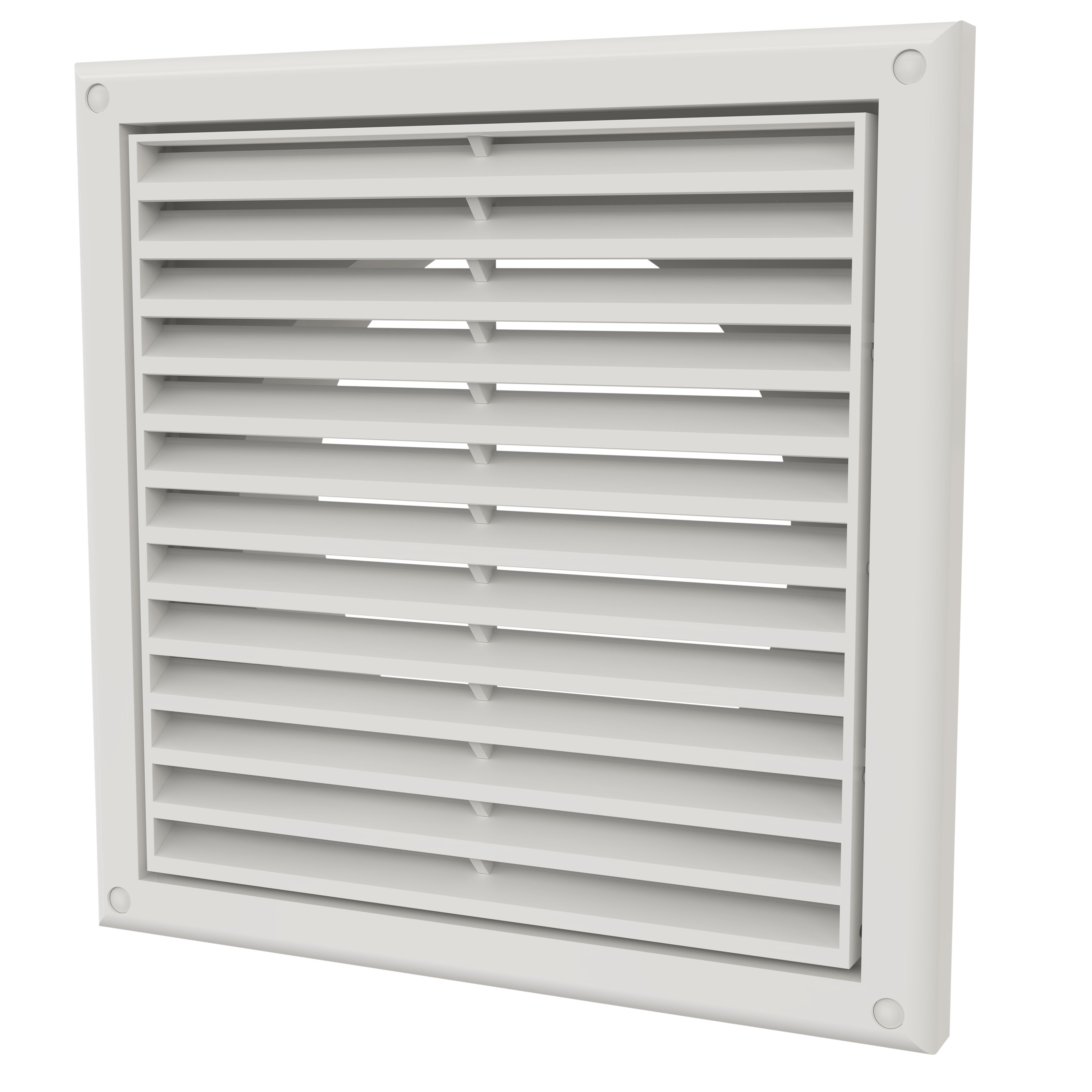 

                    Kvadratisk hvit ventilasjonsrist i plast med horisontale lameller og rund stuss Ø125