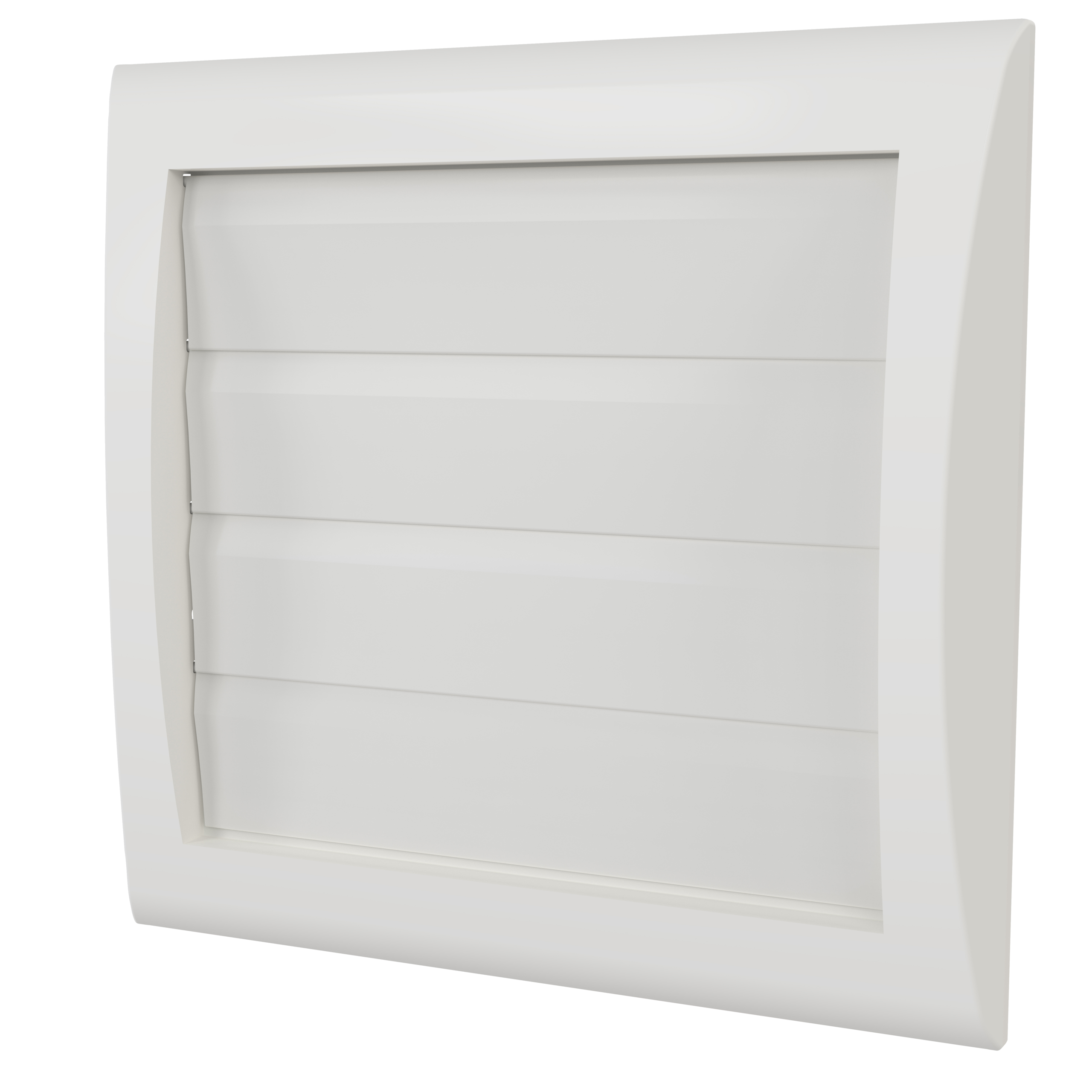 

                    Hvit lamellventil i plast med horisontale lameller og rund stuss Ø100