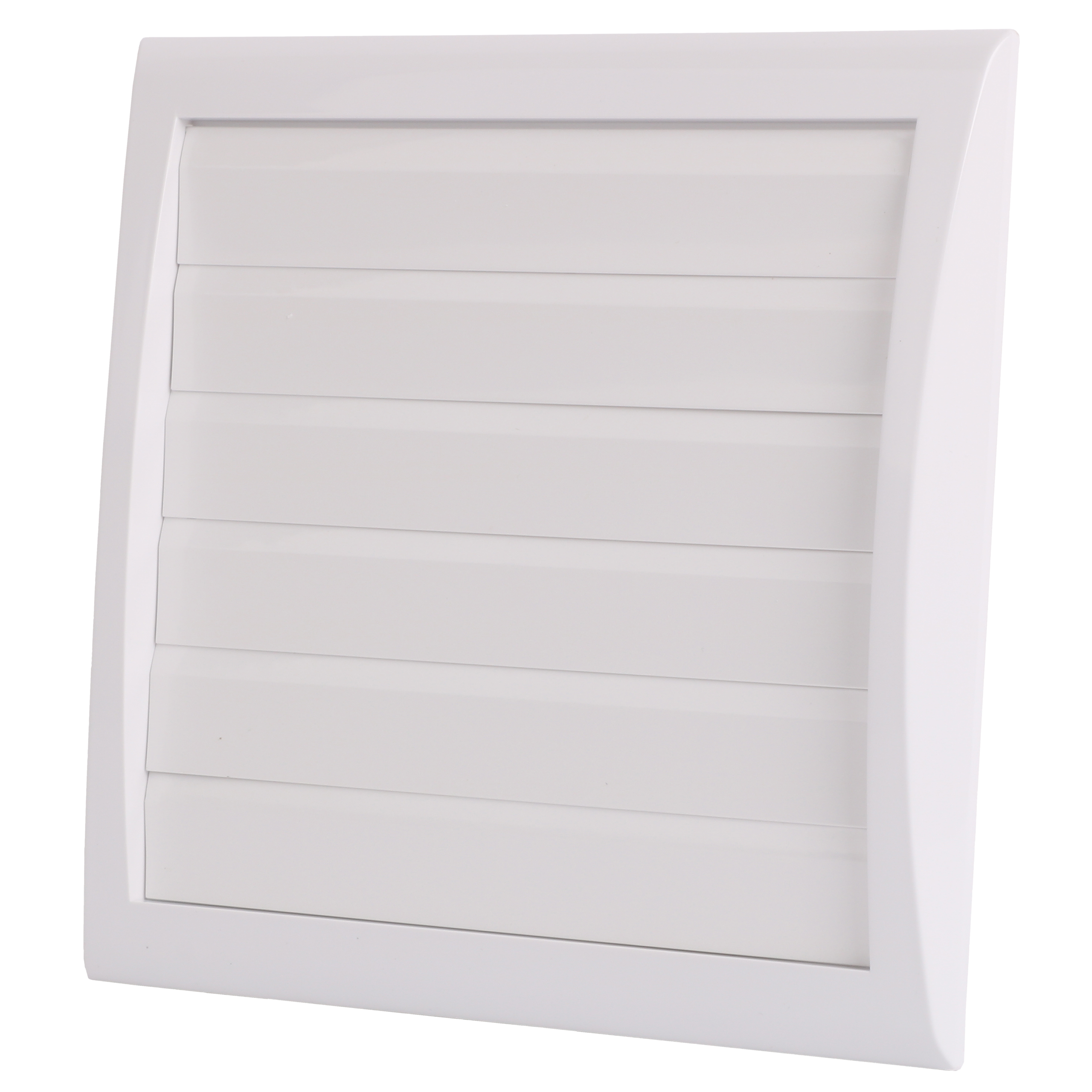 

                    Hvit lamellventil i plast med horisontale lameller og rund stuss Ø125