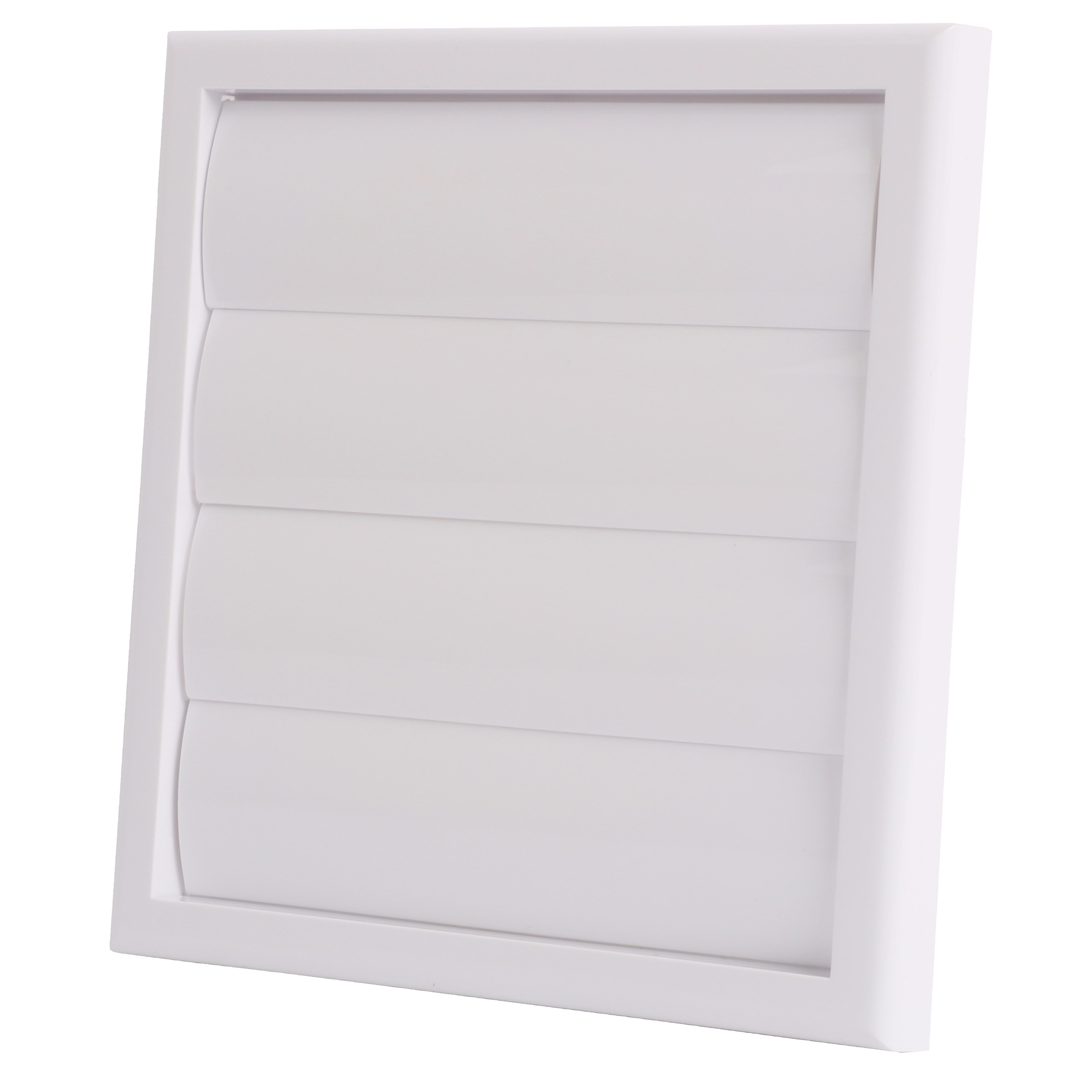 

                    Hvit lamellventil i plast med horisontale lameller og rund stuss Ø150