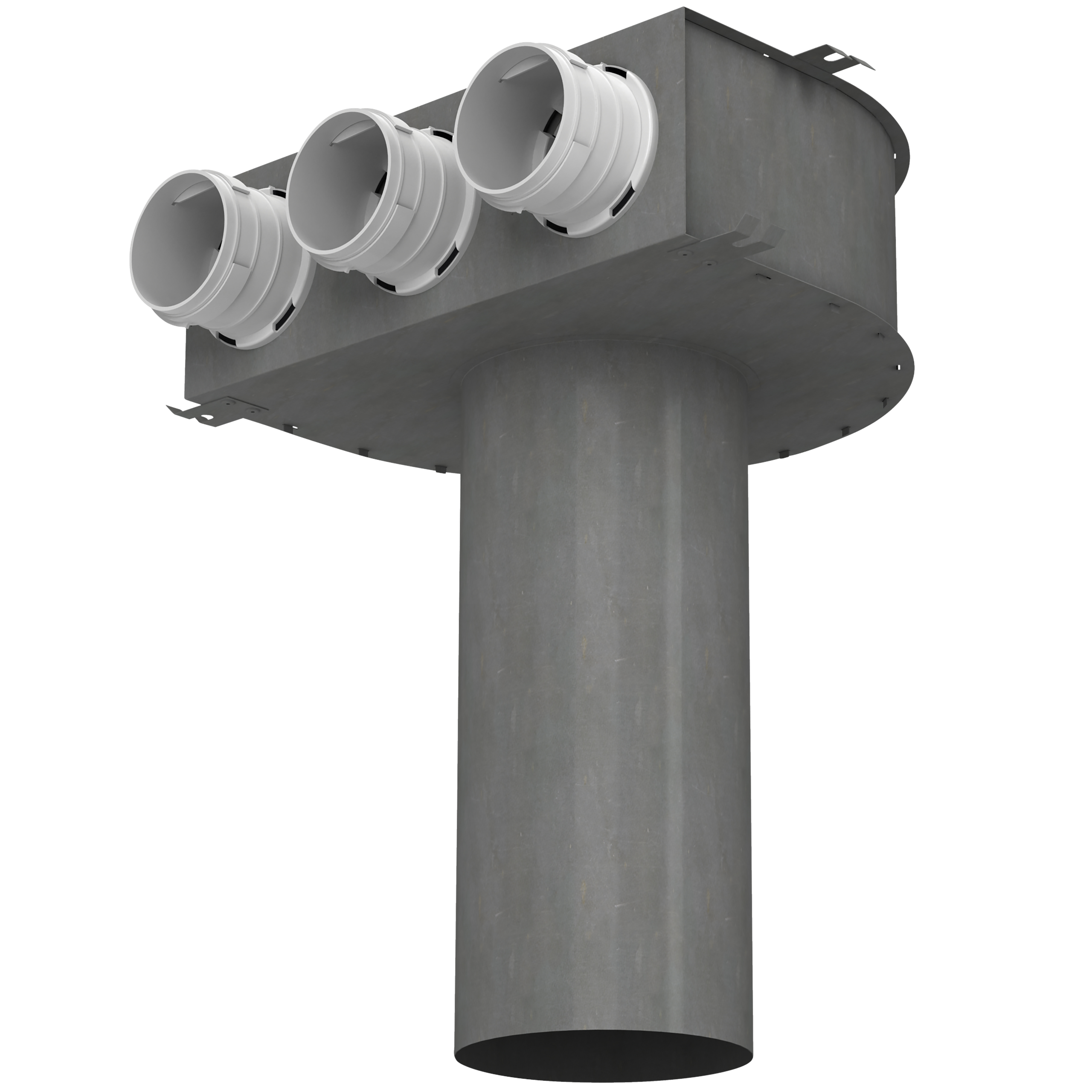 

                    Ventilfeste i stål med tre Ø75 anslutninger og rund kanal