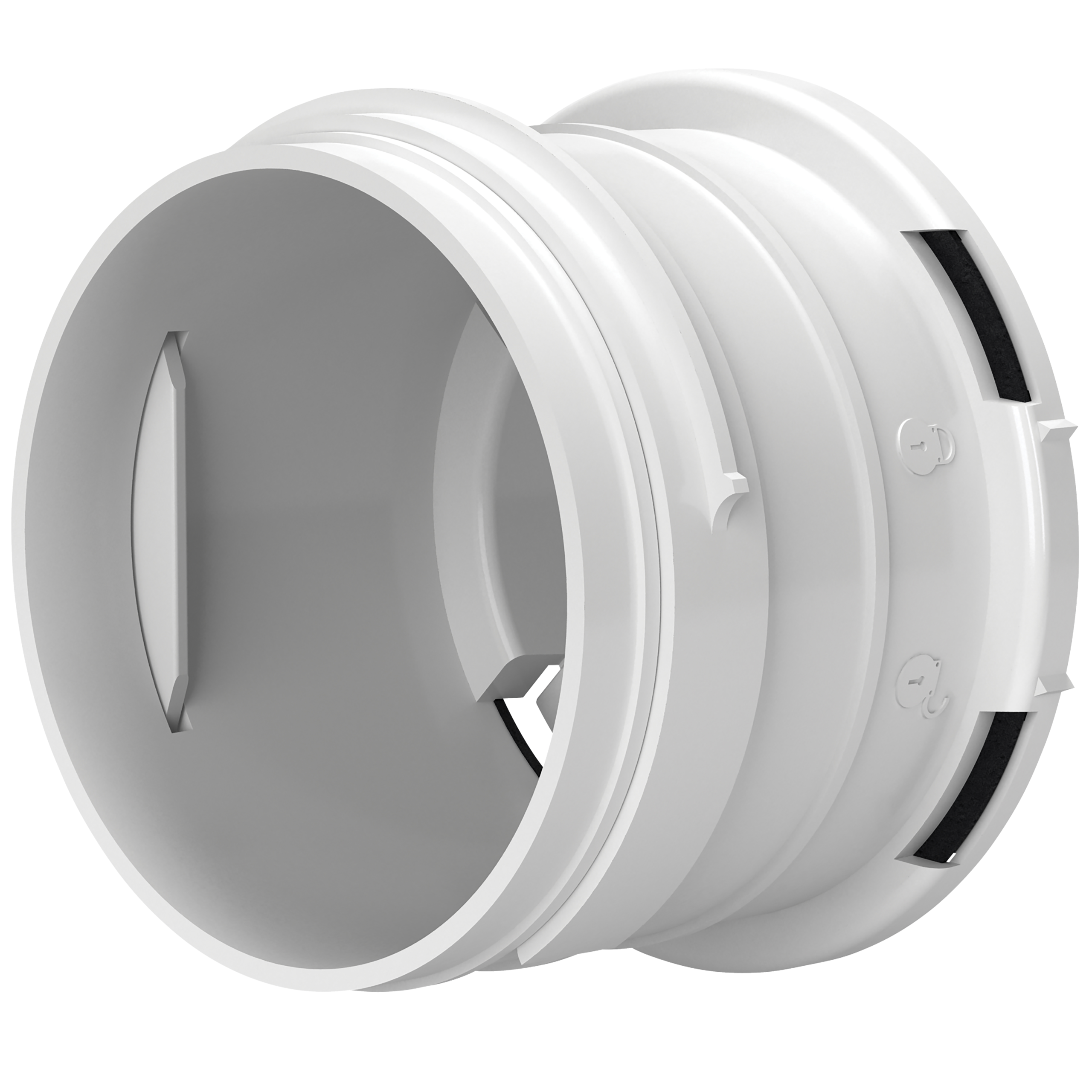 

                    Hvit festemuffe i plast Ø75 vist i skrå vinkel