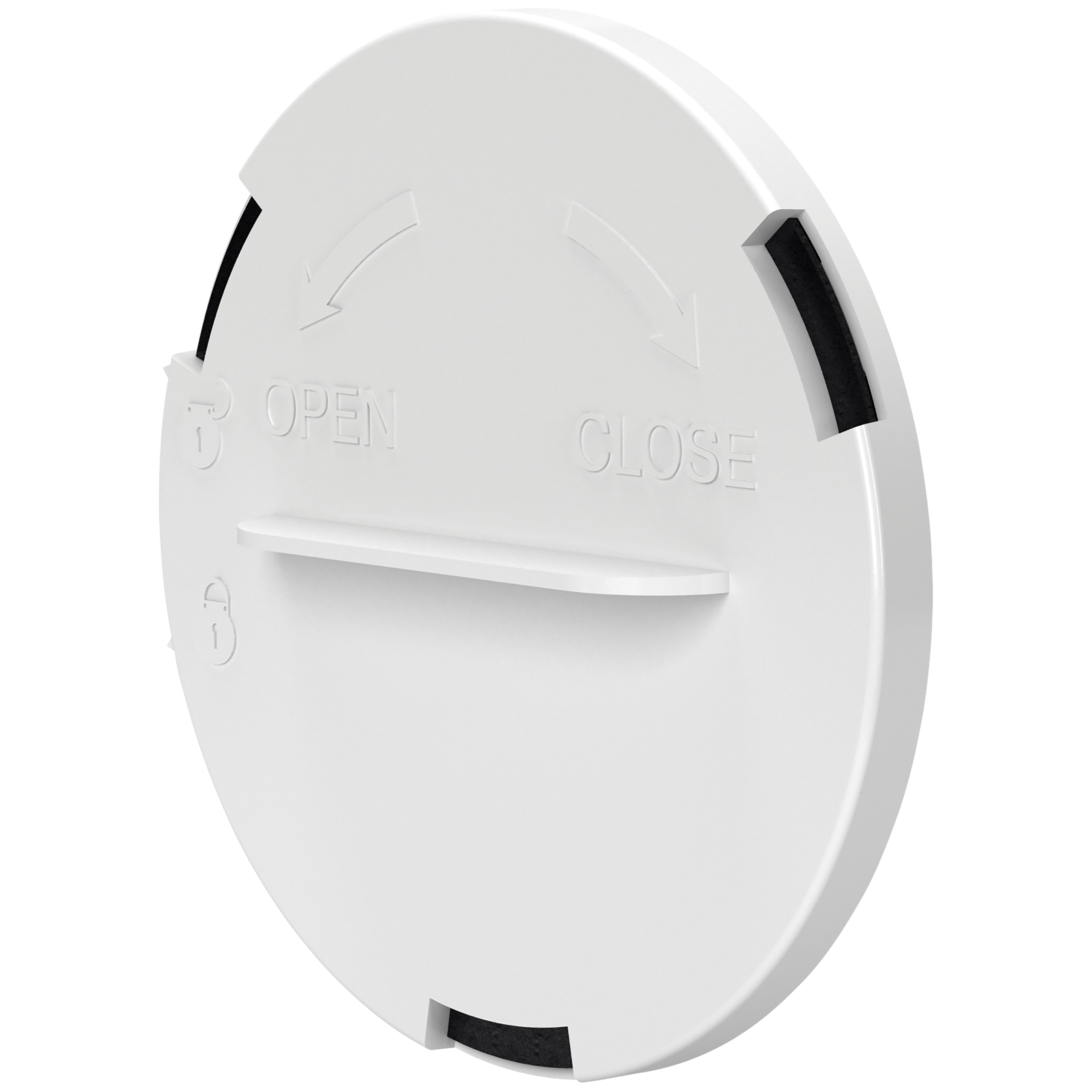 

                    Hvit lokk i plast Ø75 med åpne- og lukke-markeringer