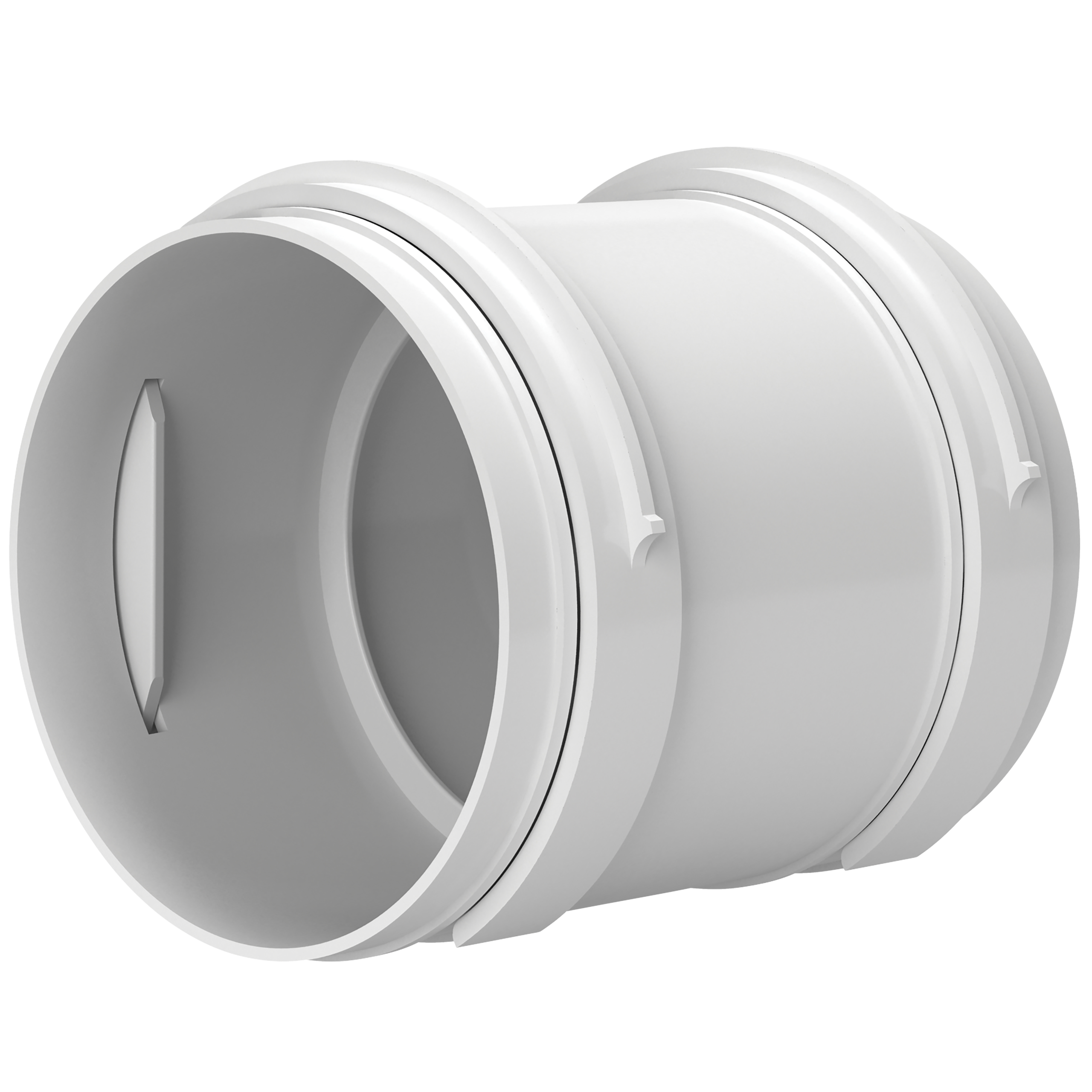 

                    Hvit skjøtemuffe i plast Ø75 vist i skrå vinkel