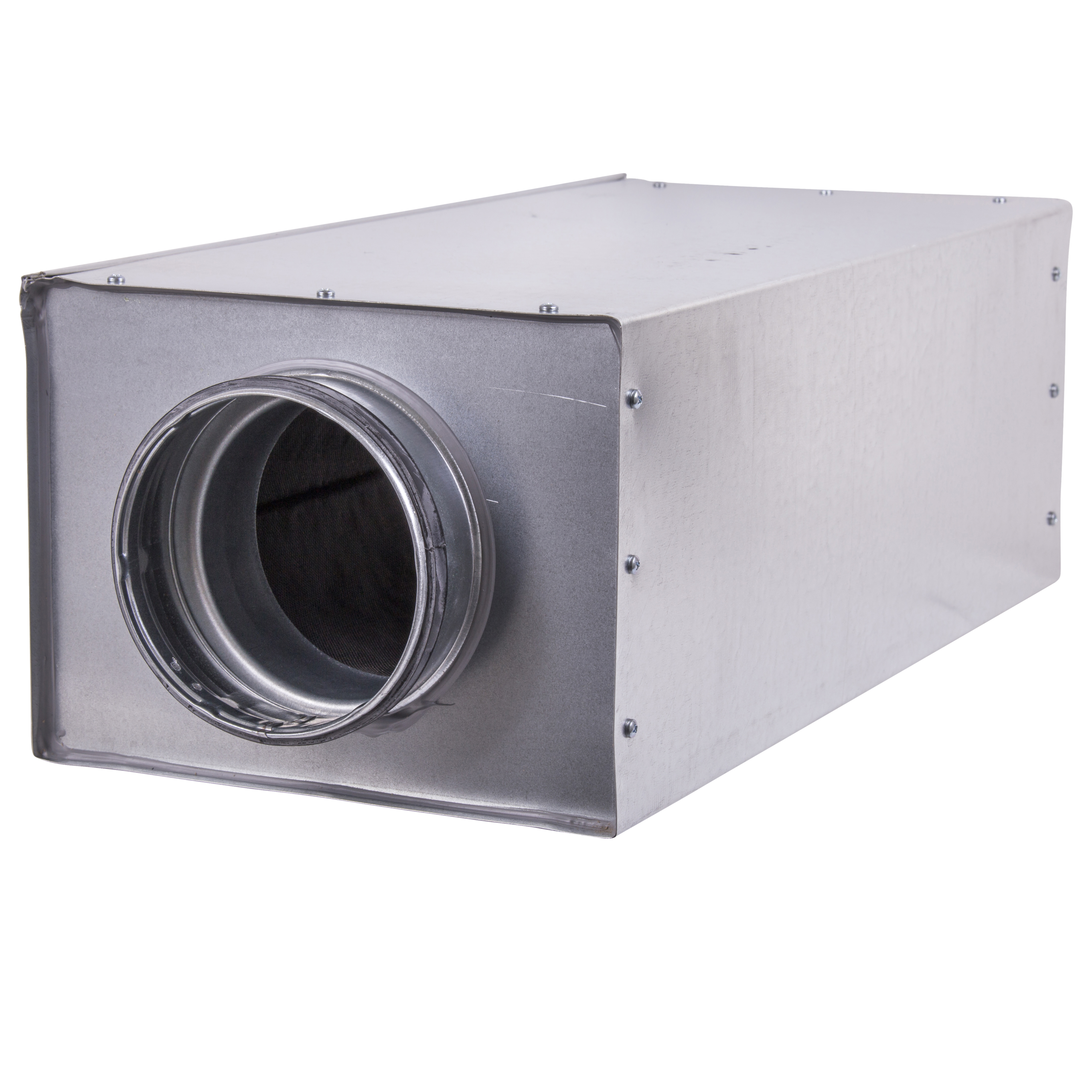 

                    Rektangulær lyddemper i stål med rund kanaltilkobling foran