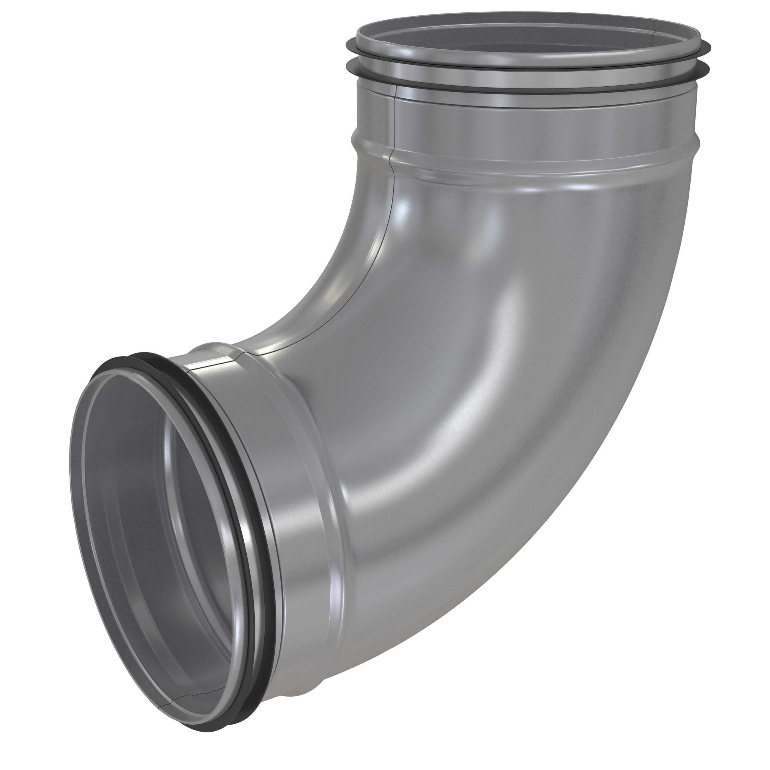

                    90° steel duct bend with integrated rubber seals for circular ducts