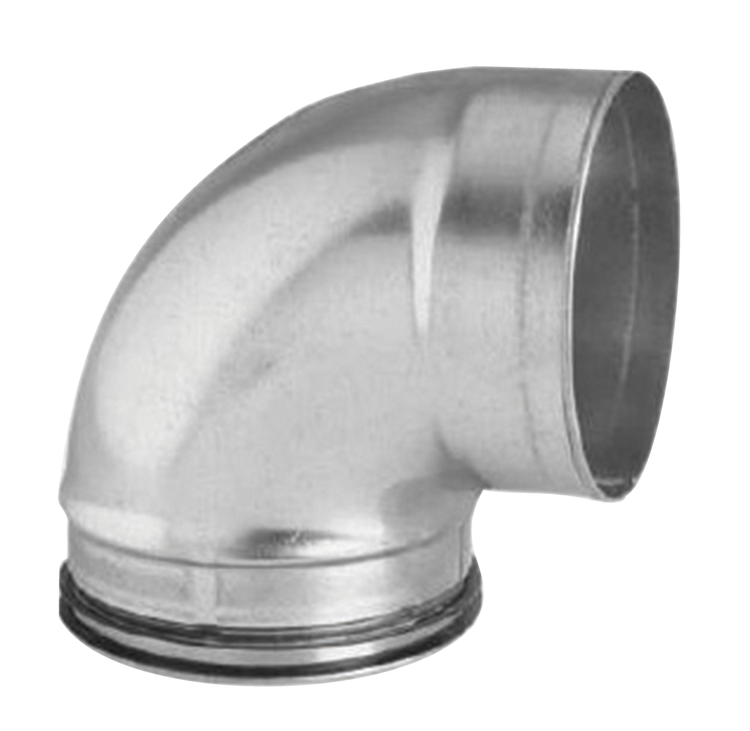 

                    Short 90-degree duct bend in galvanised steel with female and male ends, 100 mm diameter.