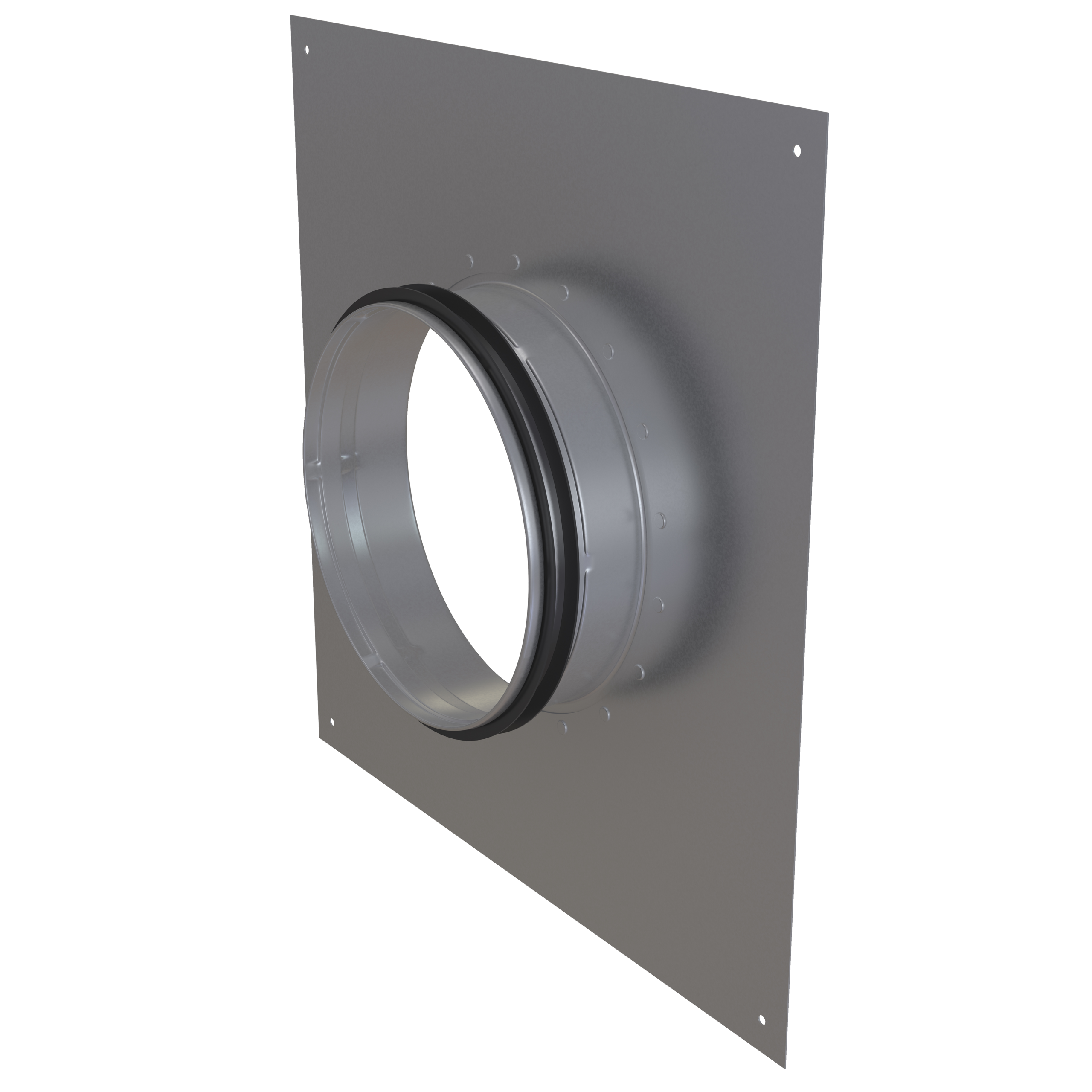 

                    Steel wall plate with round collar and rubber seal for duct penetration