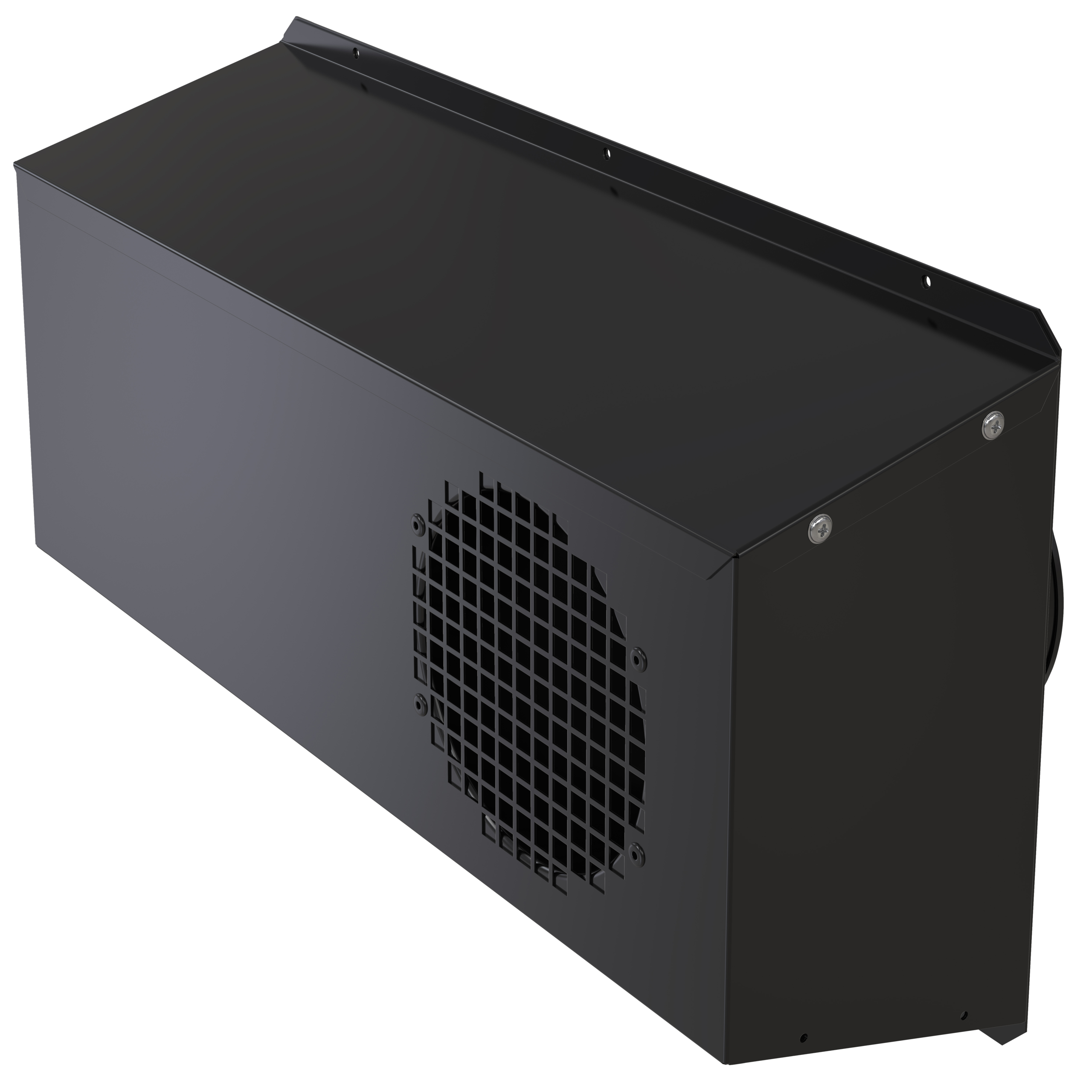 

                    Black combo box for combined air intake and exhaust air mounted on exterior wall