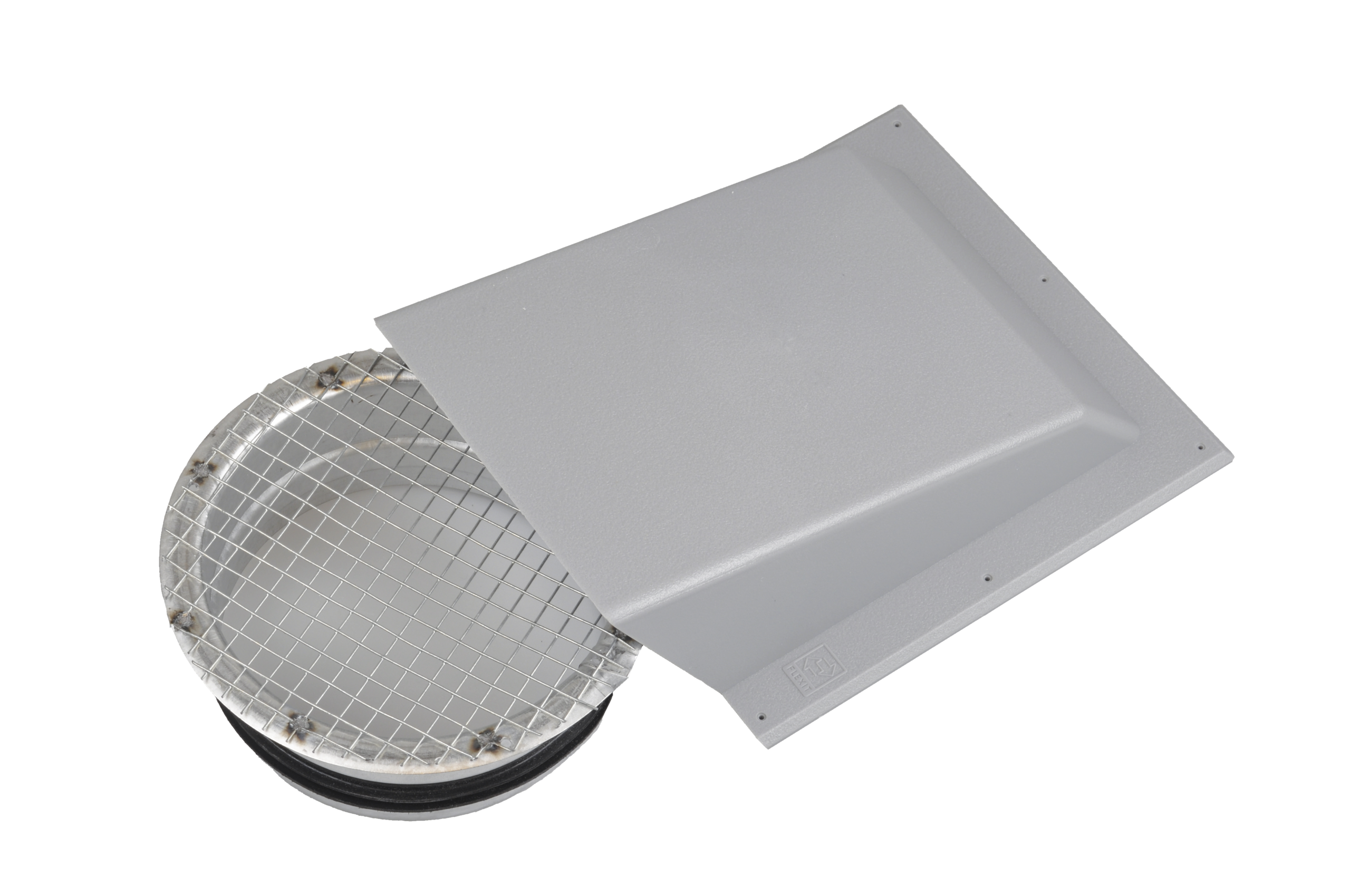 

                    Kappe for avkast eller uteluft med nippel Ø125 i grå utførelse og integrert rist montert på yttervegg