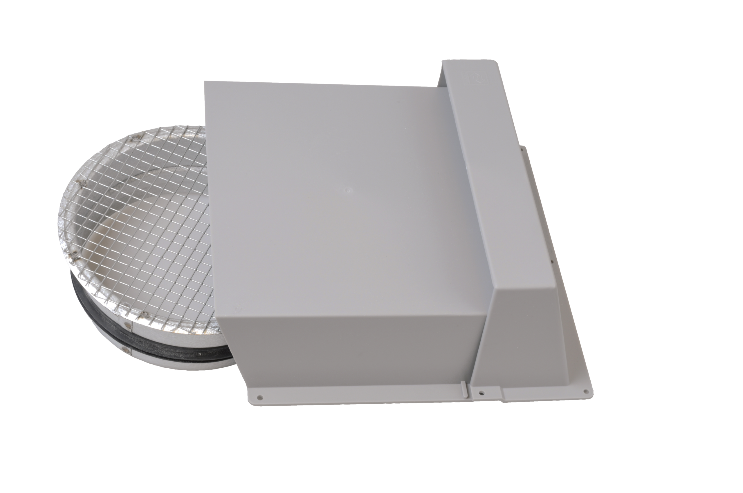 

                    Kappe for avkast eller uteluft med nippel Ø160 i grå utførelse og integrert rist montert på yttervegg