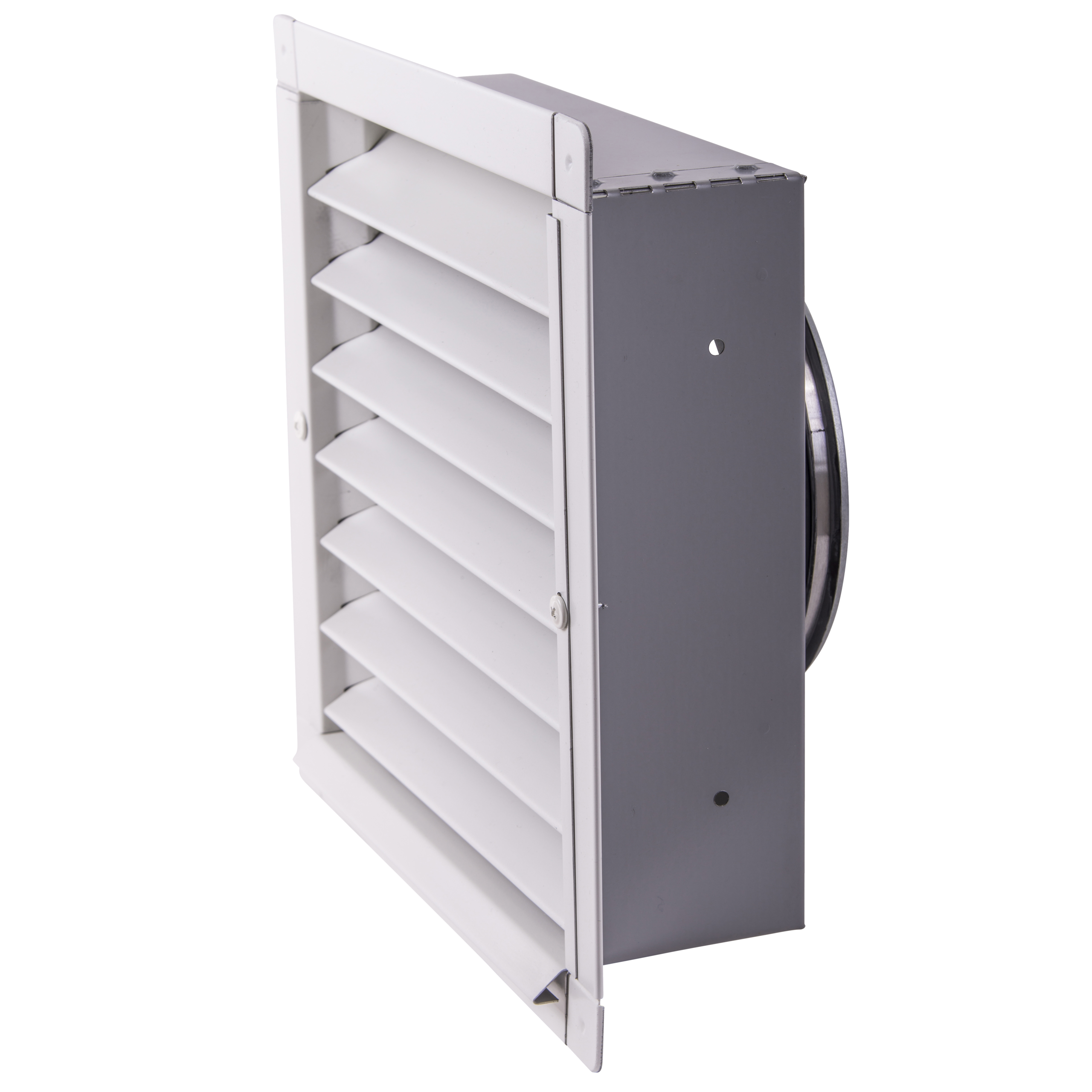 

                    Ytterveggsrist V13 Ø160 i hvit utførelse for avkast eller uteluft montert på fasade