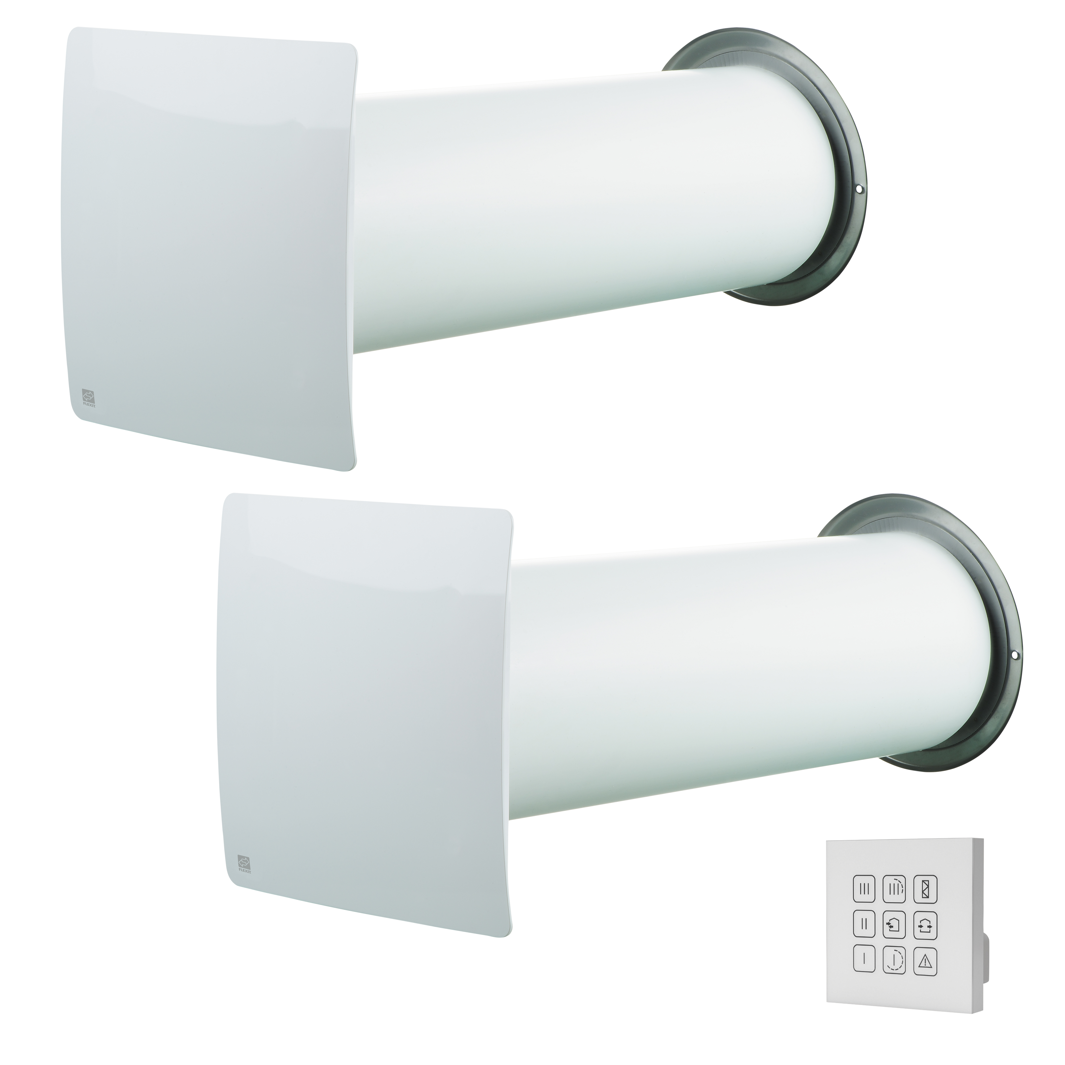 

                    Romventilator EQ 2 med to veggmonterte enheter og separat betjeningspanel.