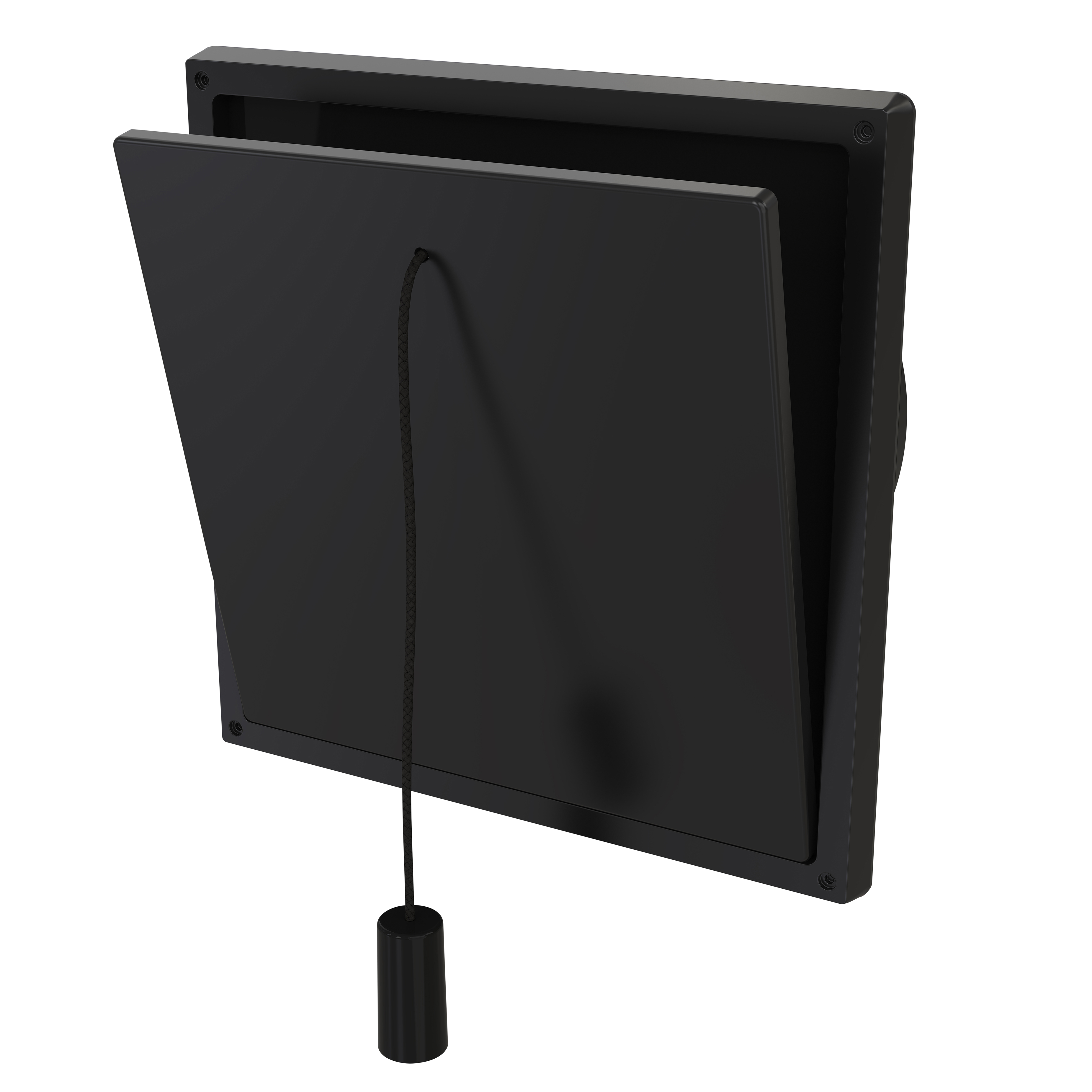 

                    Innvendig klaffvalveil 100 mm i sort med rund stuss, delvis åpen med snortrekk