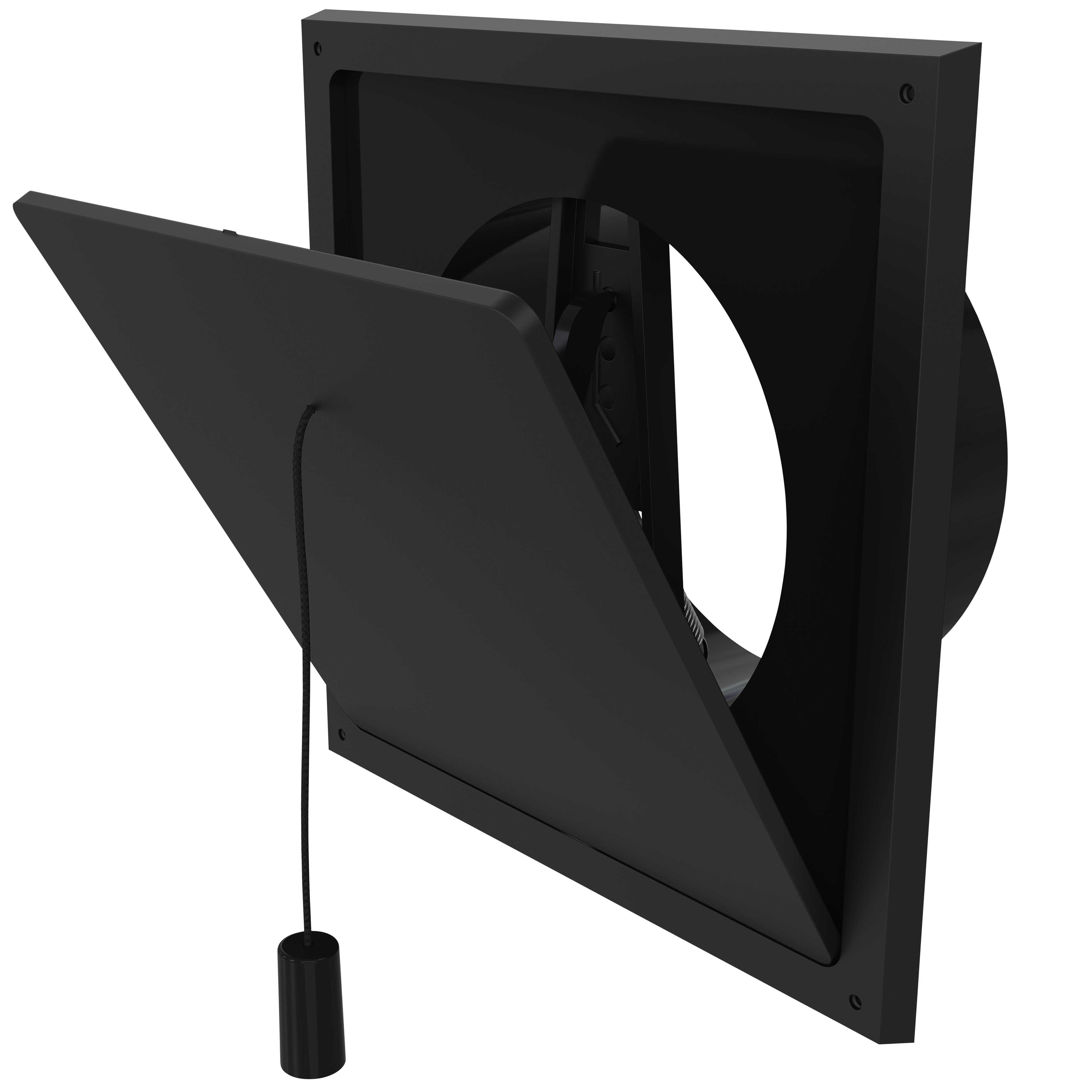 

                    Innvendig klaffvalveil 125 mm i sort med rund stuss, delvis åpen med snortrekk