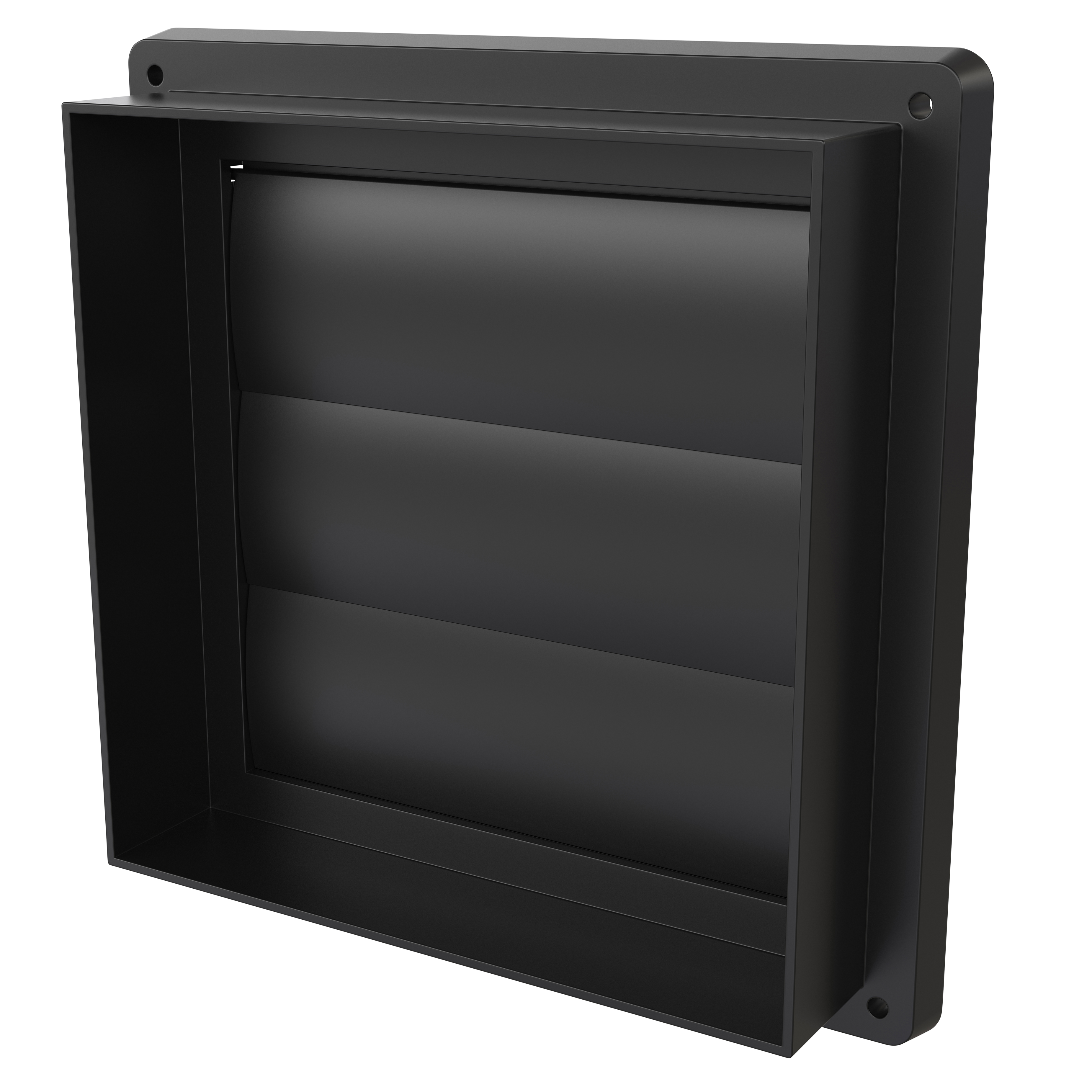 

                    Lamellventil 180×180 mm i sort utførelse med tre horisontale lameller