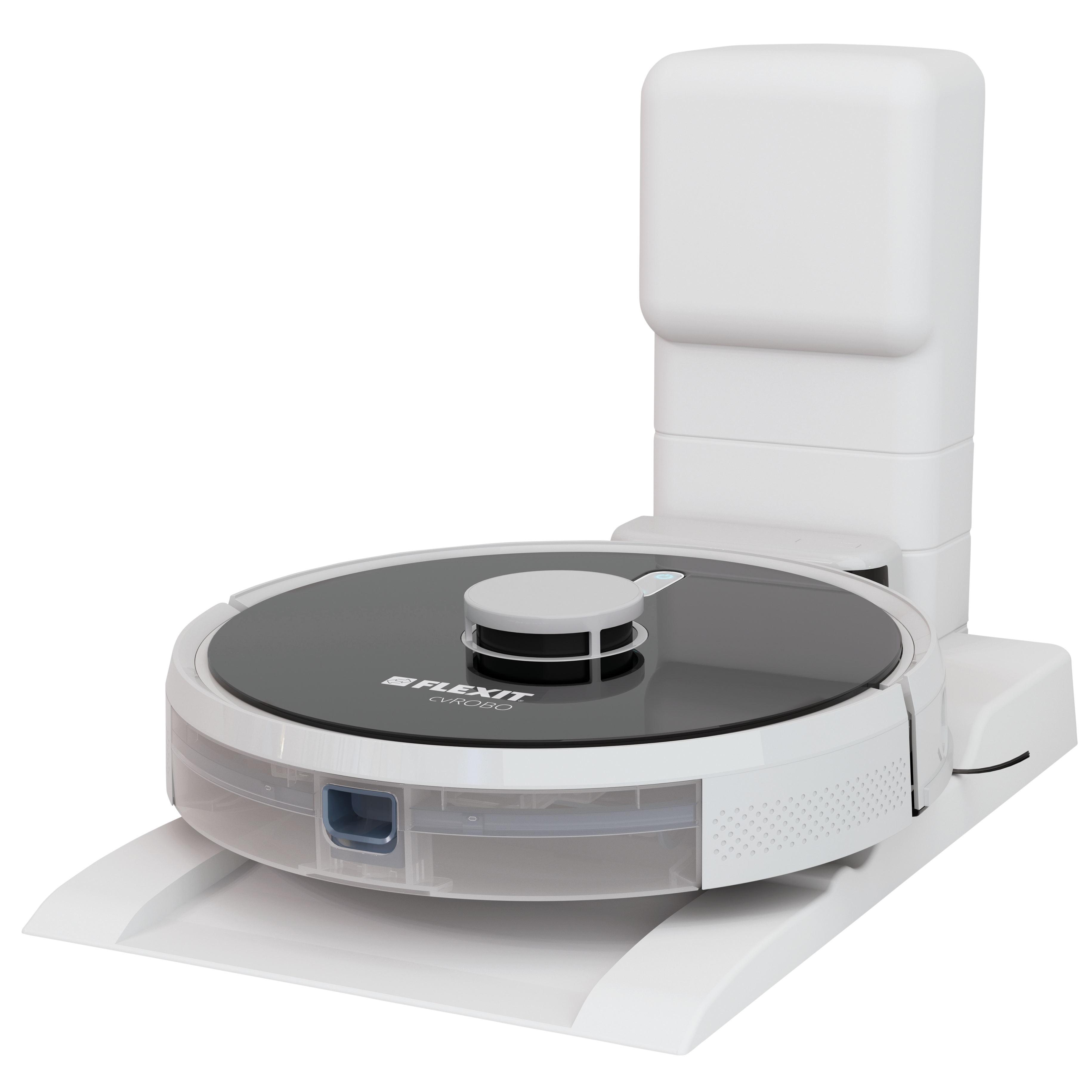 

                    Flexit CVRobo L1 robotstøvsuger i svart og hvit med hvit dokkingstasjon