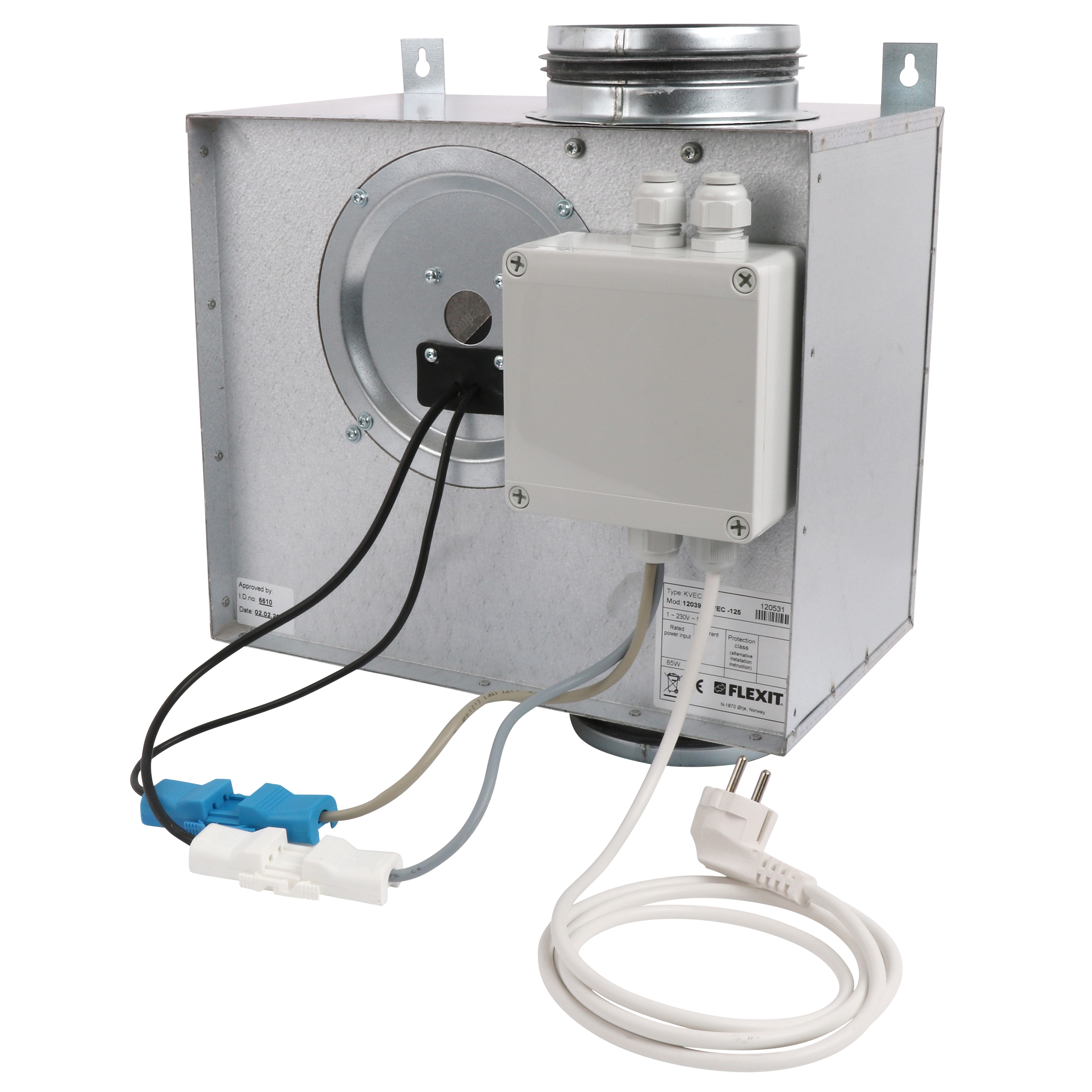 

                    Flexit KVEC 125 kanalvifte i galvanisert stål med koblingsboks og topptilkobling