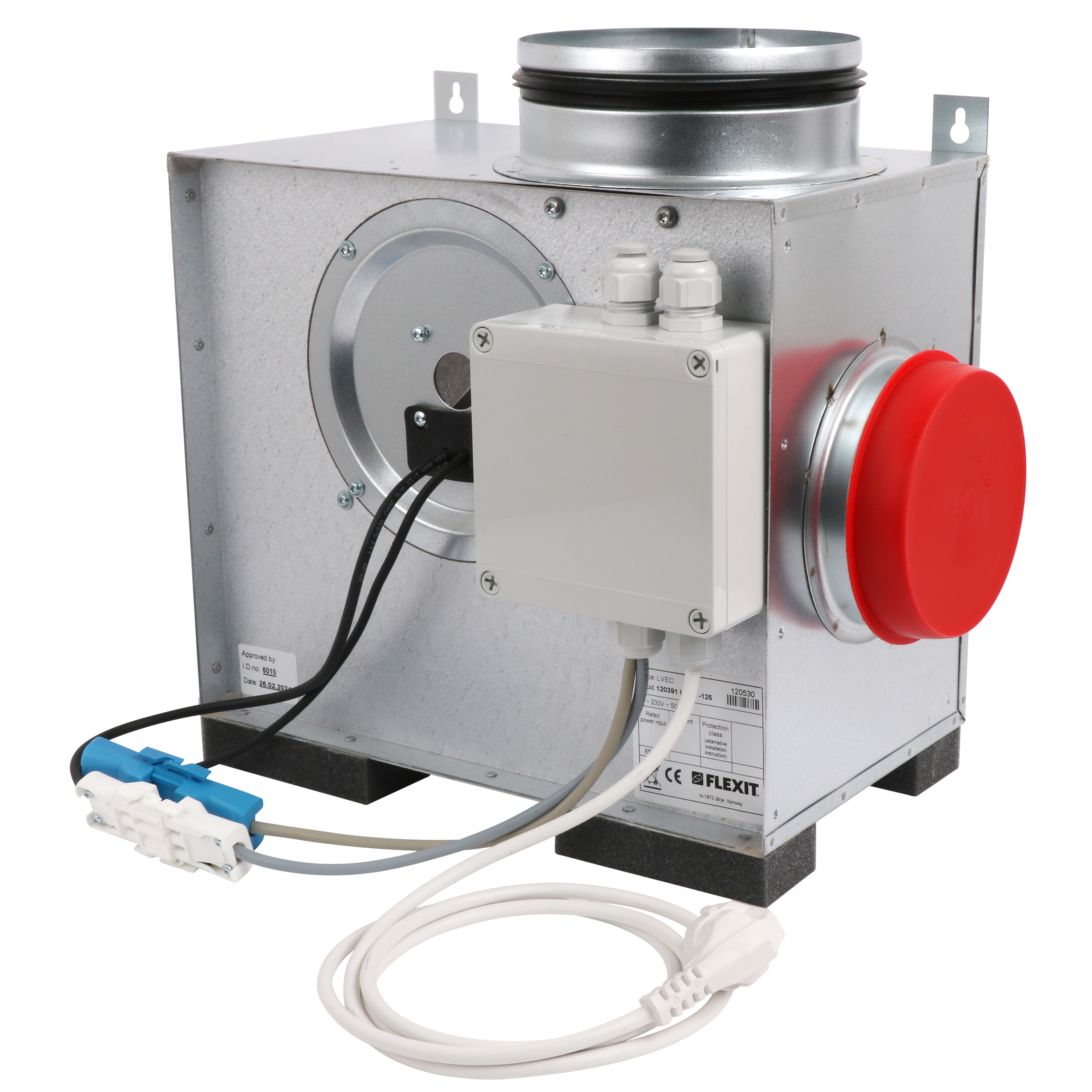 

                    Flexit LVEC 125 loftsvifte i galvanisert stål med koblingsboks og kanaltilkoblinger