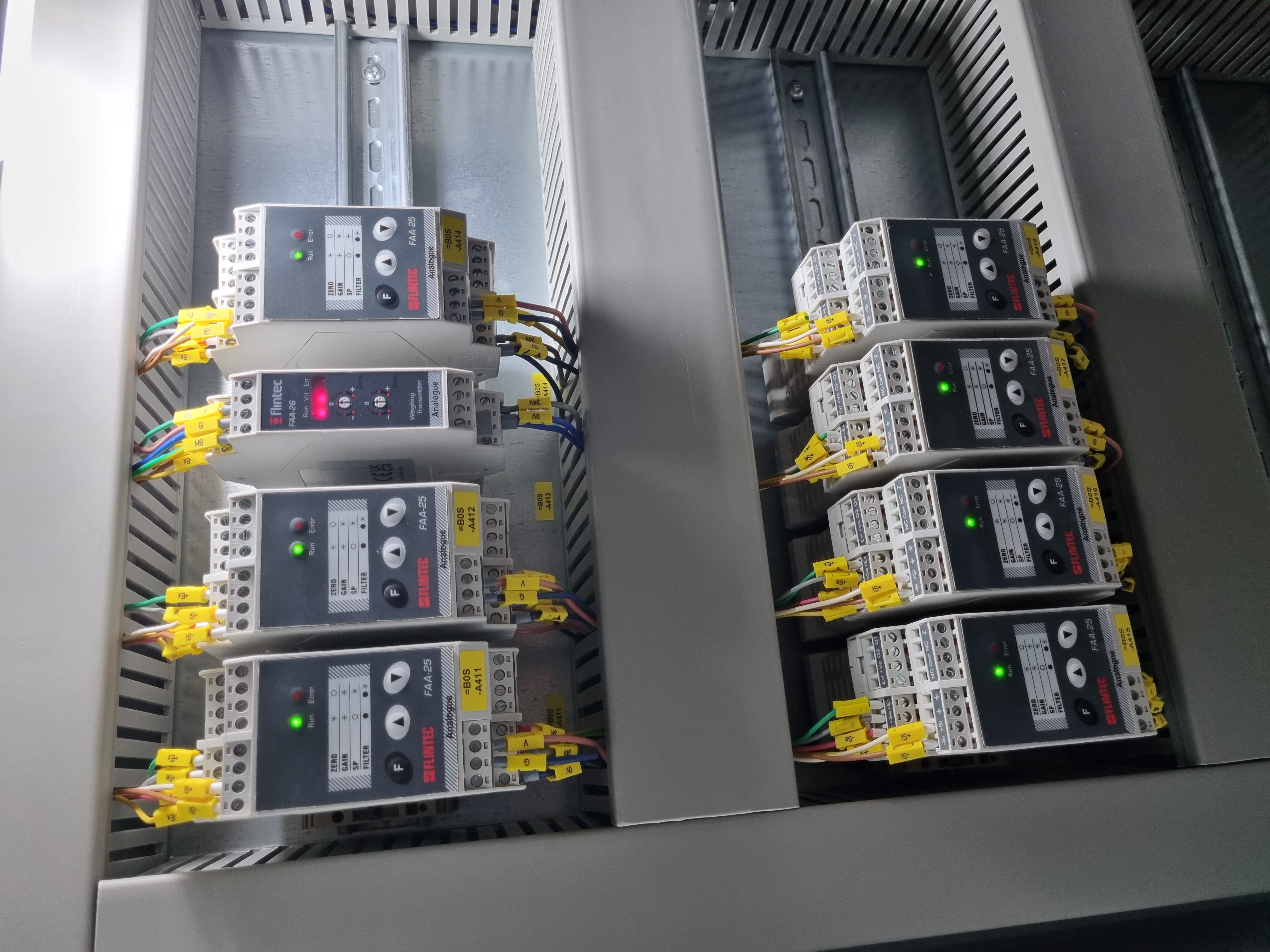 Flintec analogue amplifiers wired inside an electrical cabinet.