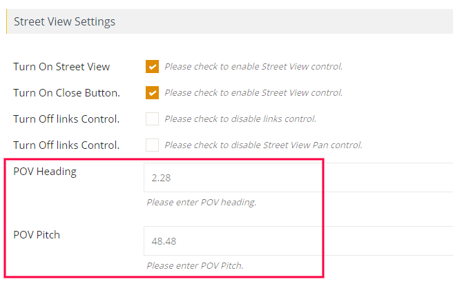 What are POV heading and POV pitch in Street View Wpmapspro