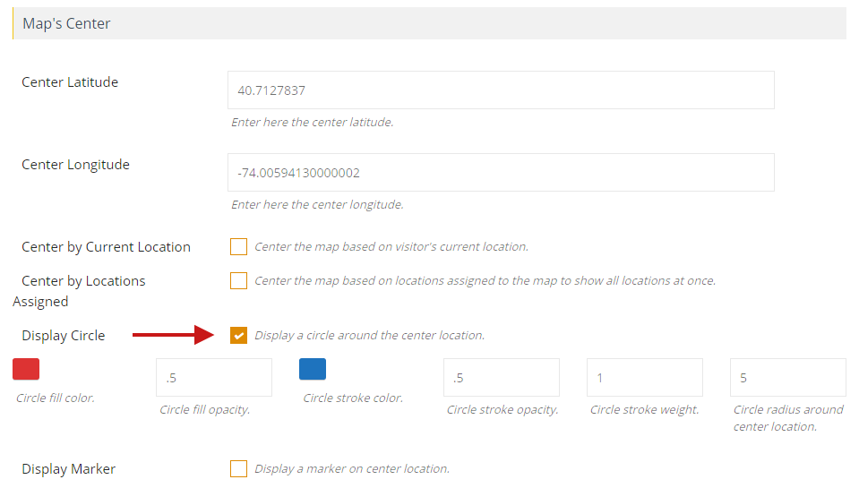 How to display a circle radius around the center location Wpmapspro