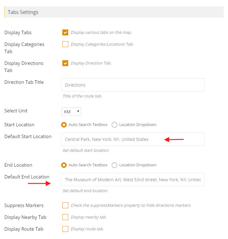 How to set Default start and end location in the direction tab Wpmapspro