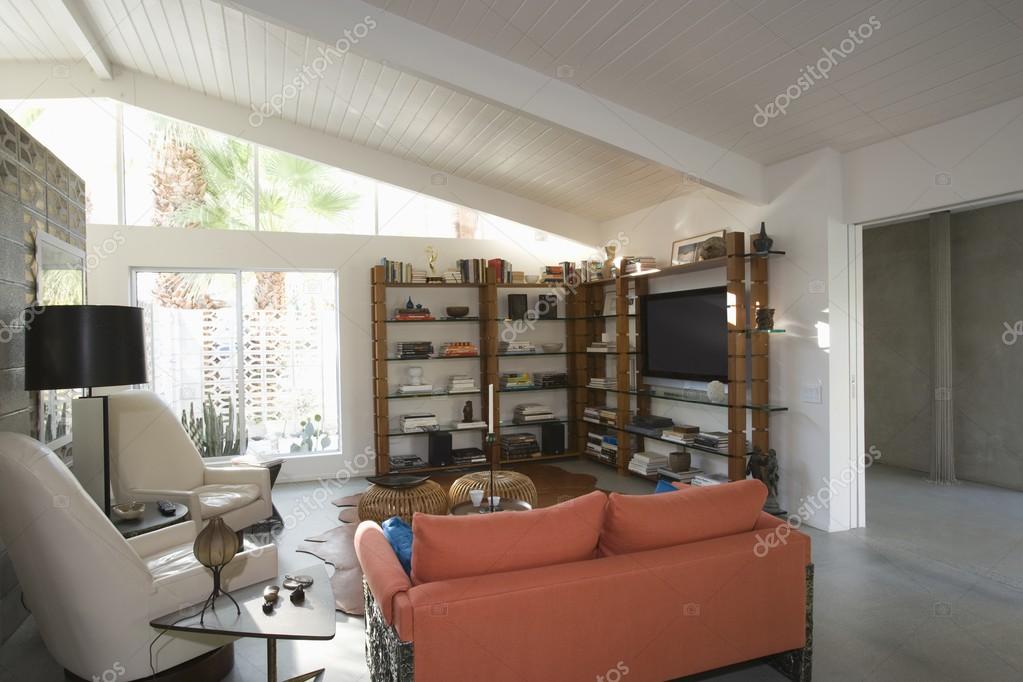 living room with cement floor
