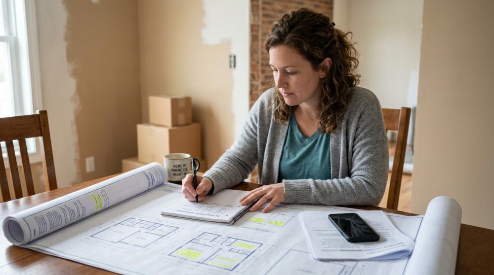 Planning a home renovation timeline with architectural plans.