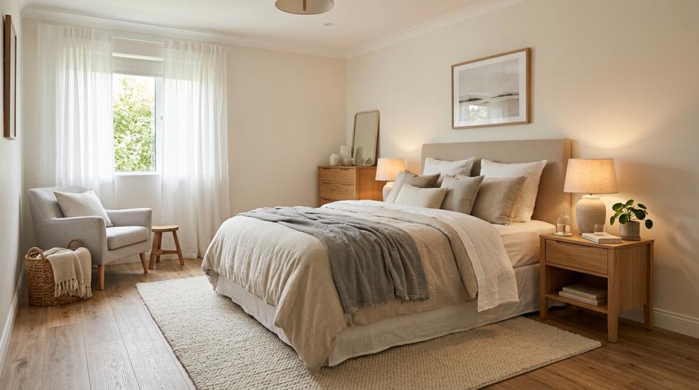 Bedroom renovation with warm wood-effect flooring.