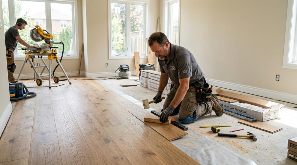 Installing wood flooring during a home renovation.