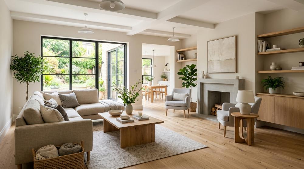 A beautifully renovated living room with natural light, light oak flooring, neutral décor, and modern furniture. The space looks warm, welcoming, and freshly completed.