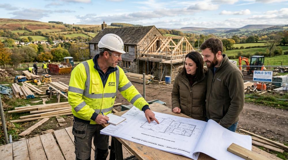 A builder discussing house plans with homeowners while pointing to renovation drawings.