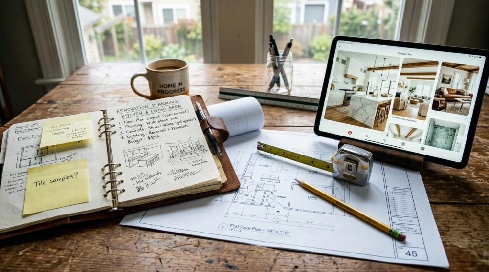 A renovation planning workspace with a notebook, architectural drawings, measuring tape, and interior design inspiration displayed on a tablet.