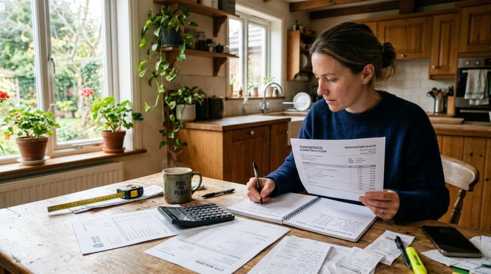 A homeowner reviewing renovation quotes while using a calculator and writing notes in a budgeting notebook.