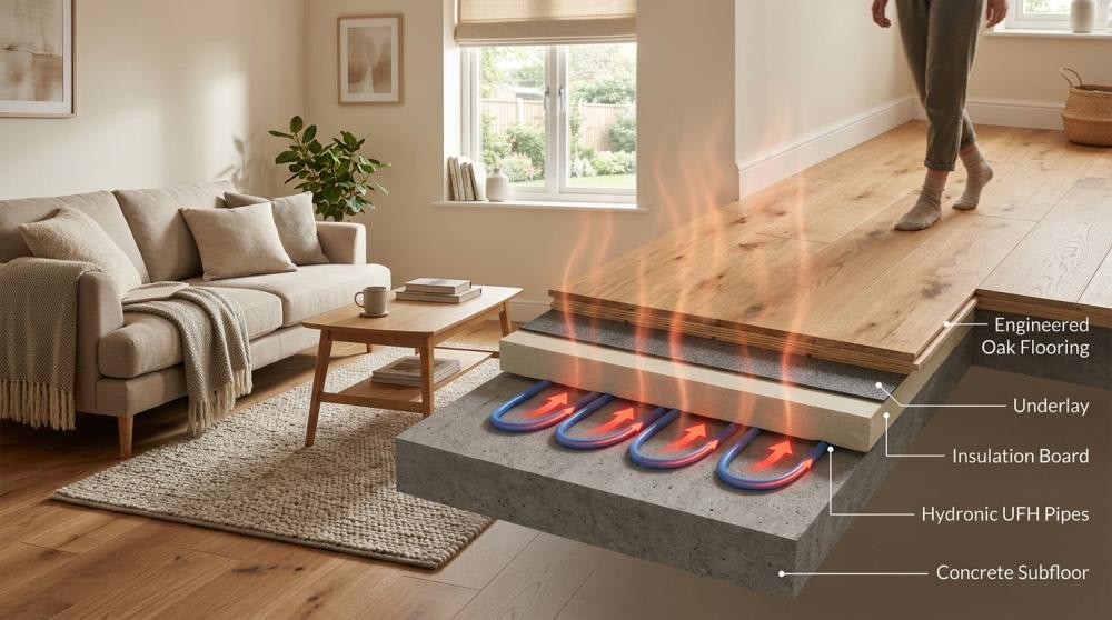 Engineered wood flooring installed over underfloor heating in a modern UK home interior.