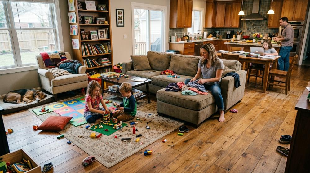 Busy living room with durable flooring in a family home.