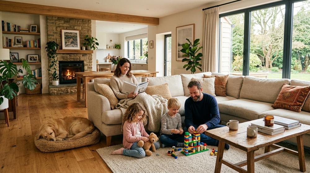 family relaxing in living room 