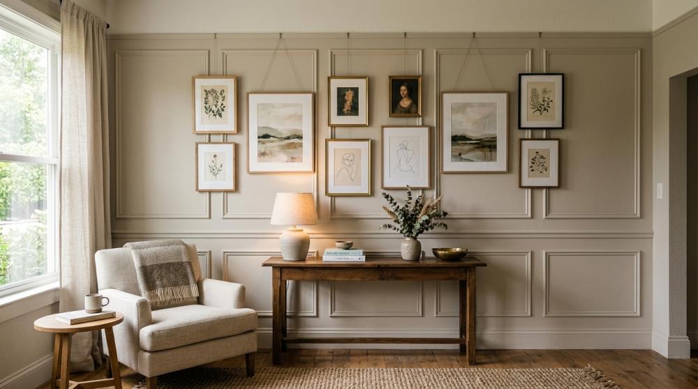  A feature wall with panelling painted in a soft neutral tone, styled with framed artwork.
