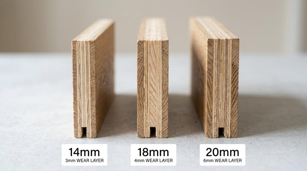 Close-up comparison of 14mm, 18mm, and 20mm engineered wood flooring boards showing layered construction.