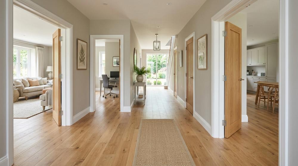 Hallway with continuous flooring connecting different rooms.