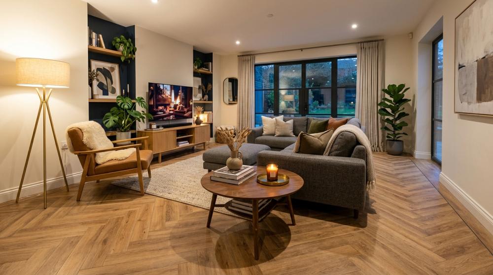 A modern living room with parquet flooring