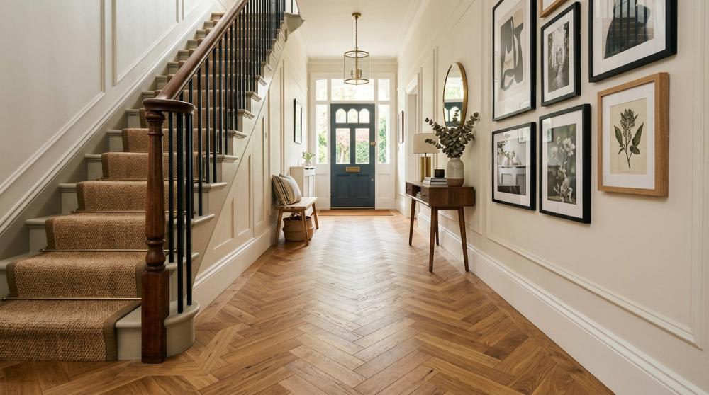 herringbone engineered wood flooring hallway design