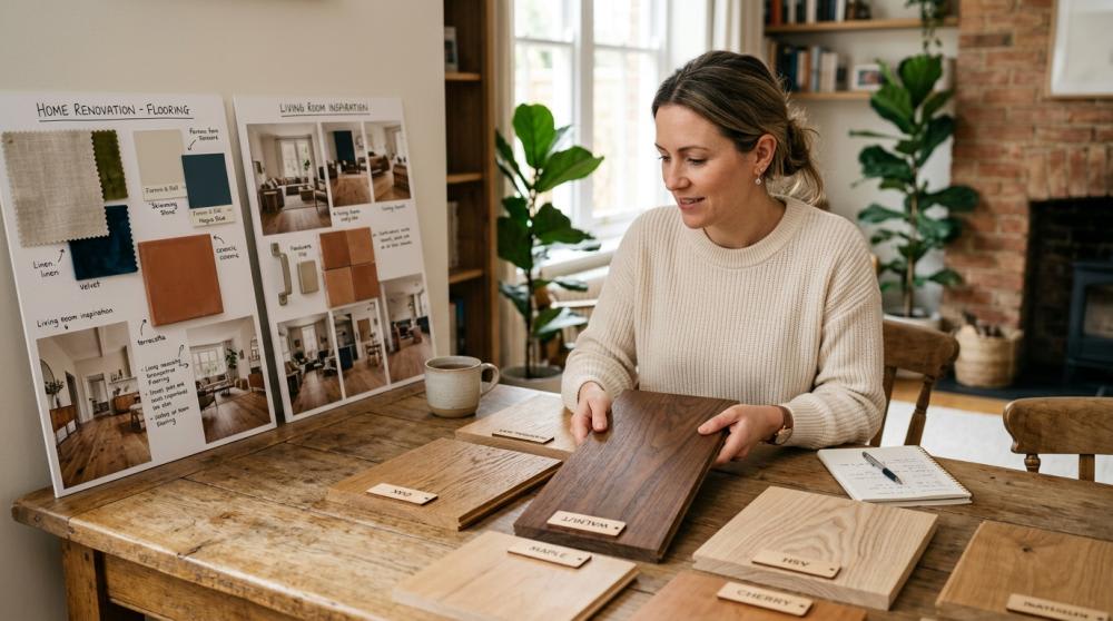 home owner comparing wood flooring samples