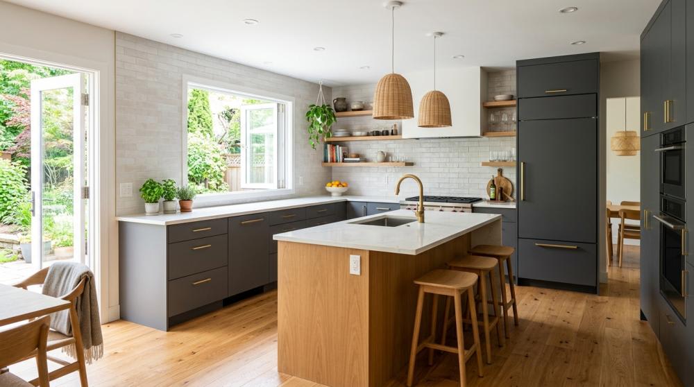 Modern kitchen renovation with durable flooring.