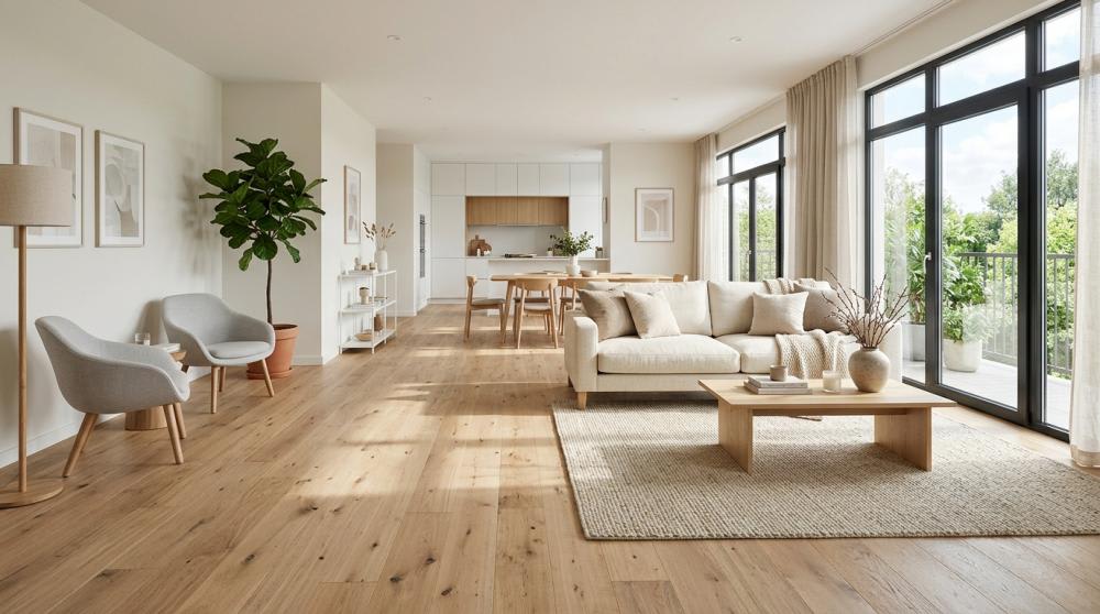 Light oak engineered wood flooring in open-plan living room with natural light