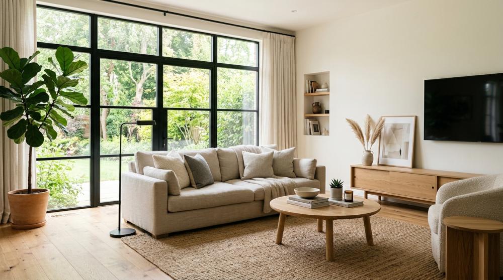 A finished modern living room with natural wood flooring, neutral décor, and large windows letting in natural light.