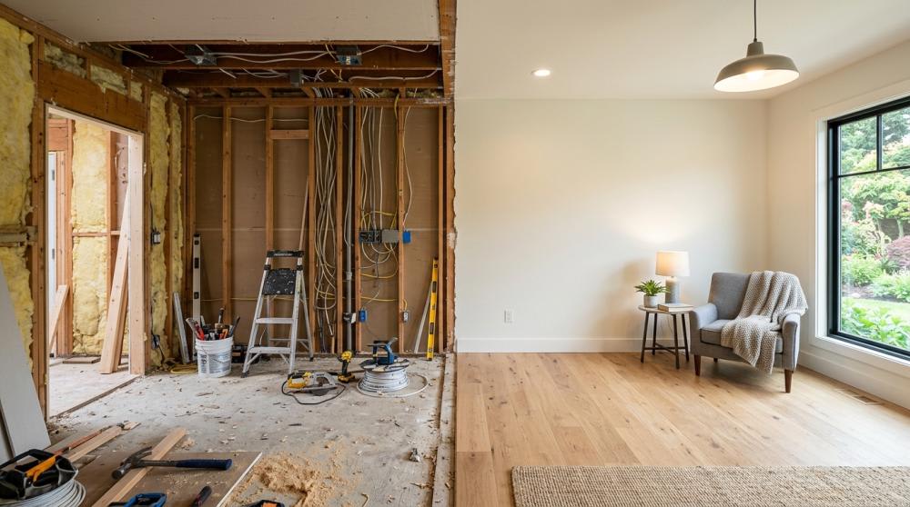 A partially renovated room showing exposed wiring and unfinished walls alongside newly installed flooring.