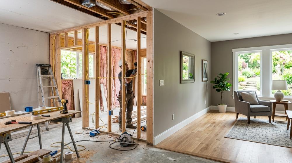 A partially renovated room showing construction stages. One side displays exposed framing and wiring, while the other shows finished walls and installed flooring.